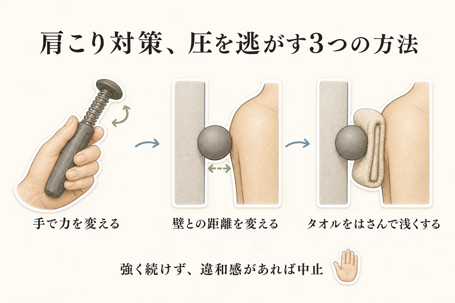 肩まわりに使う道具で圧を逃がす3つの方法を示す図。手で指圧器の力を変える、マッサージボールを壁との間で使い距離を変える、ボールと体の間にタオルをはさんで接触を浅くする方法と、違和感があれば中止することを示す