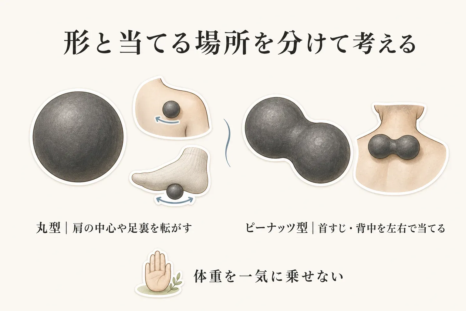マッサージボールの形と当てる場所を示す図。丸型は肩の中心や足裏を転がし、ピーナッツ型は首すじや背中を左右で当てる使い分けと、体重を一気に乗せないことを示す
