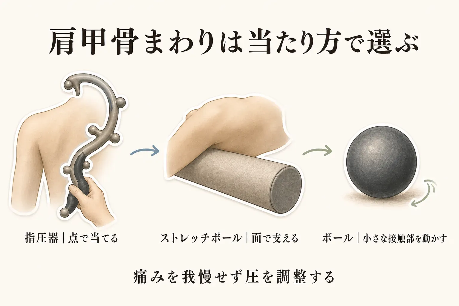 肩甲骨まわりの道具の当たり方を示す図。指圧器は手で持って点で当て、ストレッチポールは仰向けで背中を預けて面で支え、ボールは小さな接触部を動かす。痛みを我慢せず圧を調整することを案内する