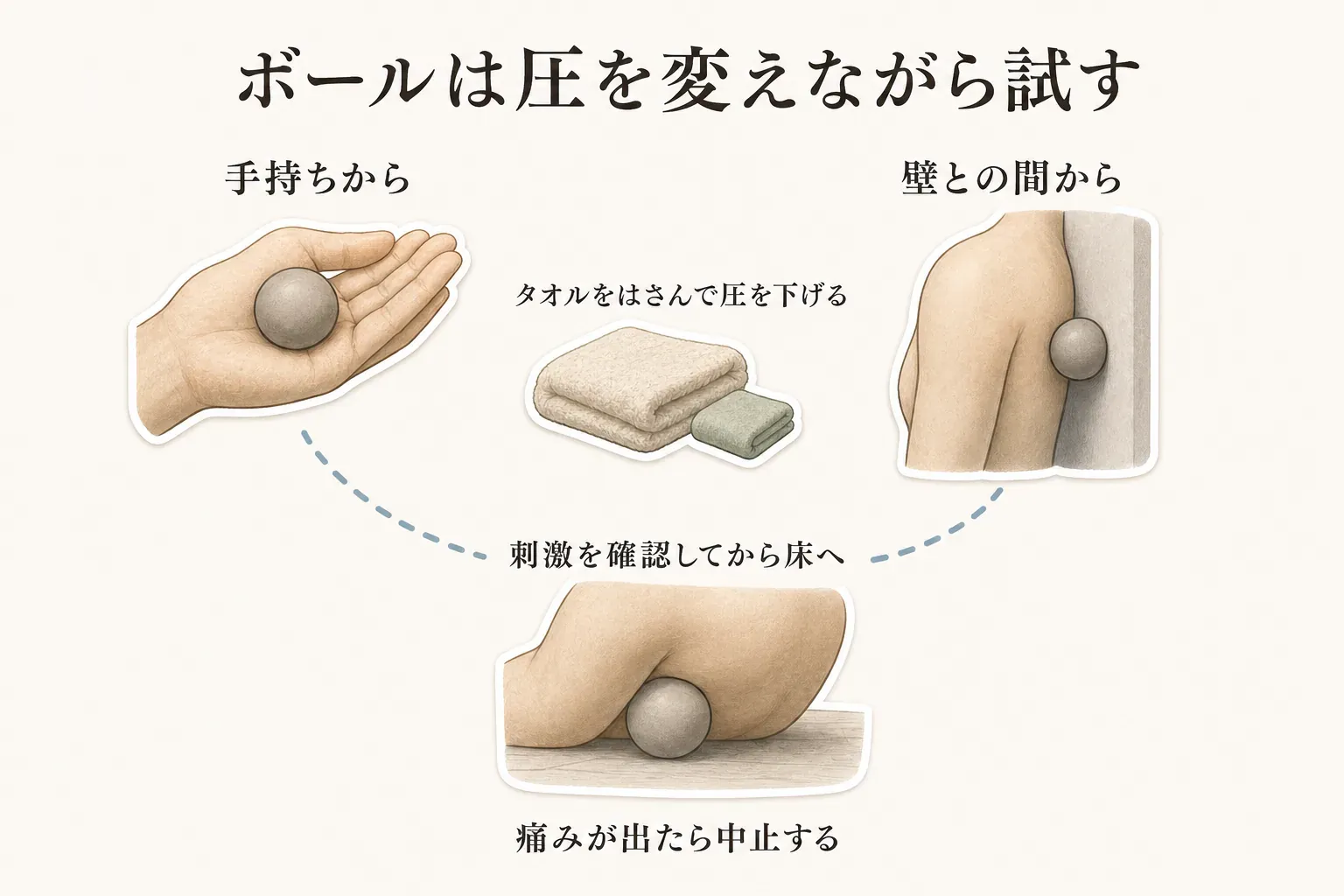 マッサージボールの圧を変えながら試す順番を示す図。手持ち、タオルをはさんで壁との間に置く、刺激を確認してから床で使う順に進み、痛みが出たら中止する