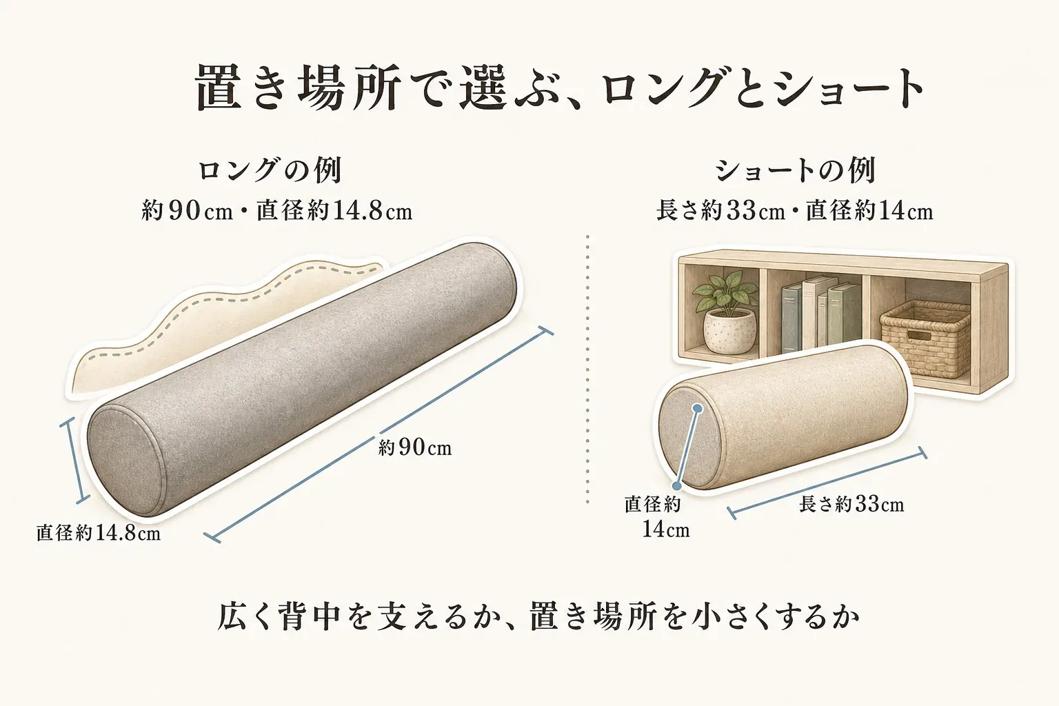 ストレッチポールの置き場所で選ぶロングとショートの比較図。ロングの例は約90cm・直径約14.8cmで背中を広く支え、ショートの例は長さ約33cm・直径約14cmで収納場所を小さくできることを示す