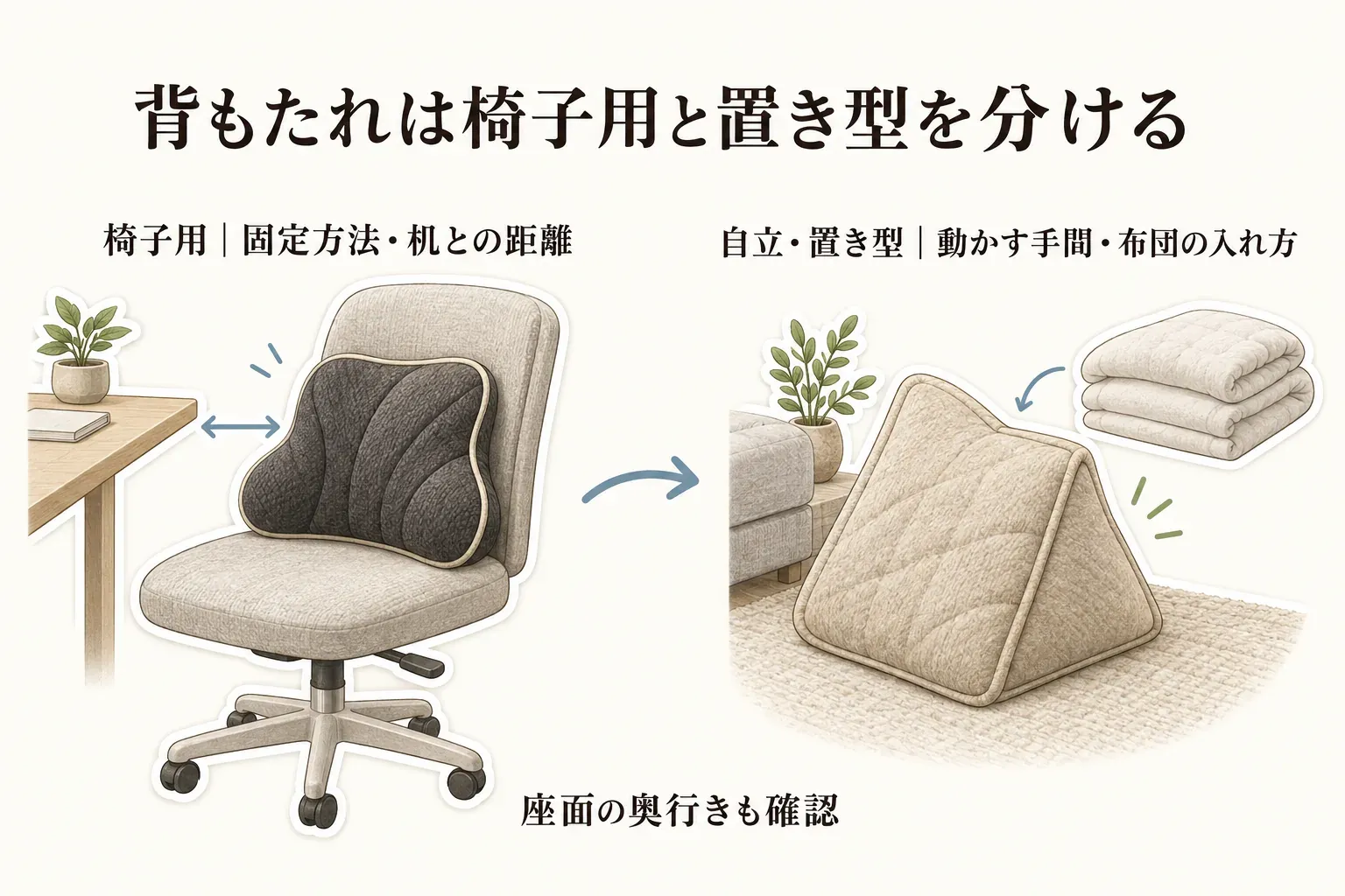 背もたれクッションを椅子用と自立・置き型に分けた図。椅子用は固定方法とクッションを足した後の机との距離を、自立・置き型は動かす手間と布団の入れ方を確認し、どちらも座面の奥行きを確認することを示す
