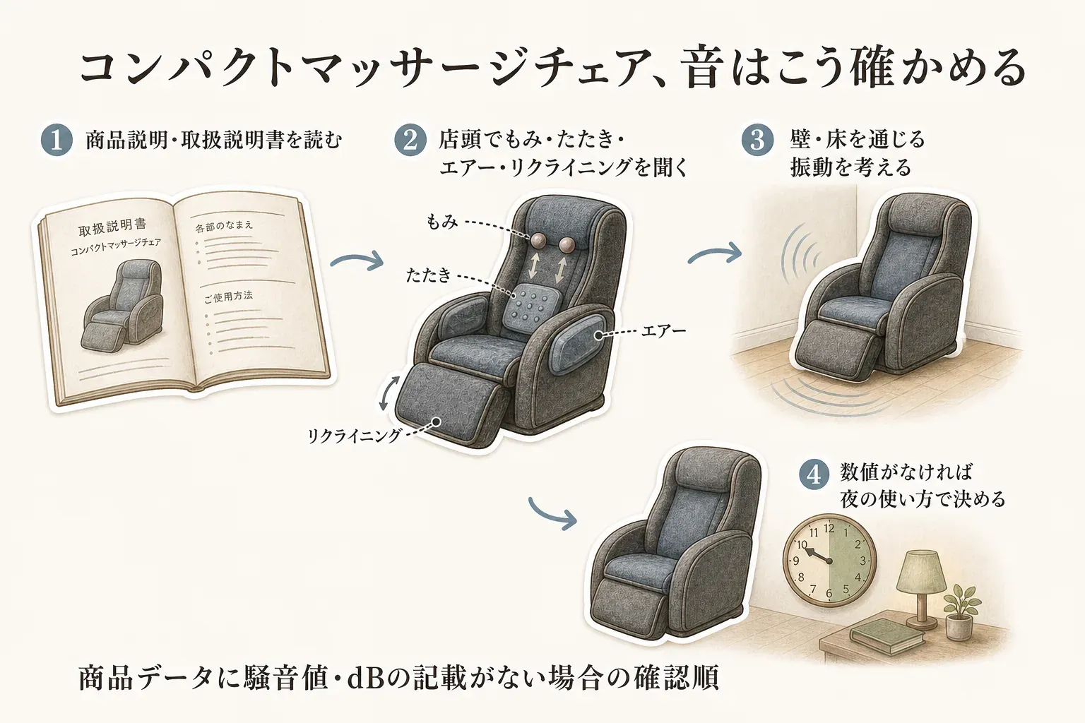 マッサージチェアの作動音を確認する4段階の図。商品説明や取扱説明書で騒音値・注意事項を探し、店頭でもみ・たたき・エアー・リクライニングの音を聞き、壁や床を通る振動と設置場所を考え、数値がなければ静かと断定せず夜間使用を判断する流れを示す