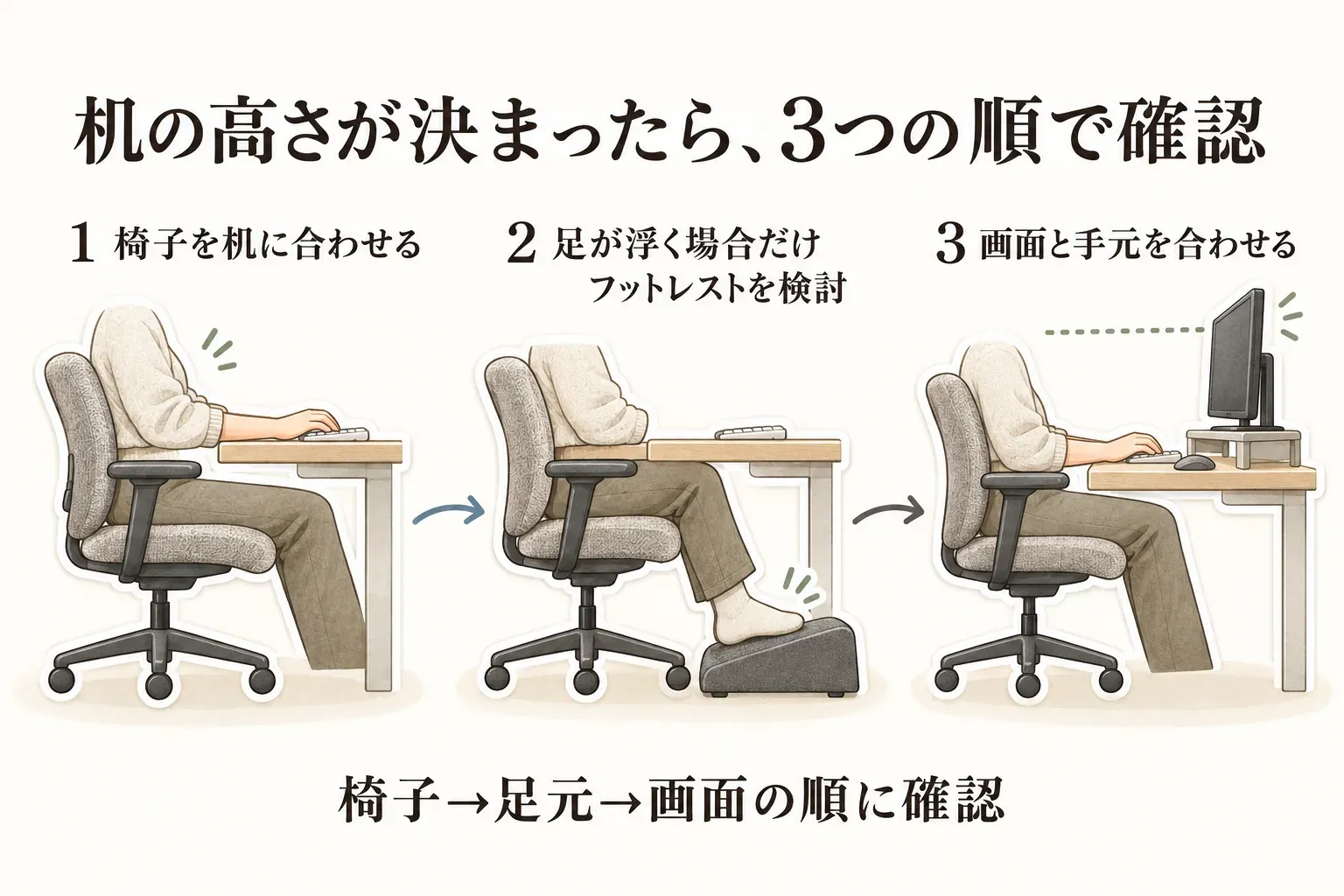 机の高さが決まった後のデスク環境を整える3つの順番を示す図。椅子を机に合わせ、足が浮く場合だけフットレストを検討し、最後にモニター台で画面と手元を合わせる流れ