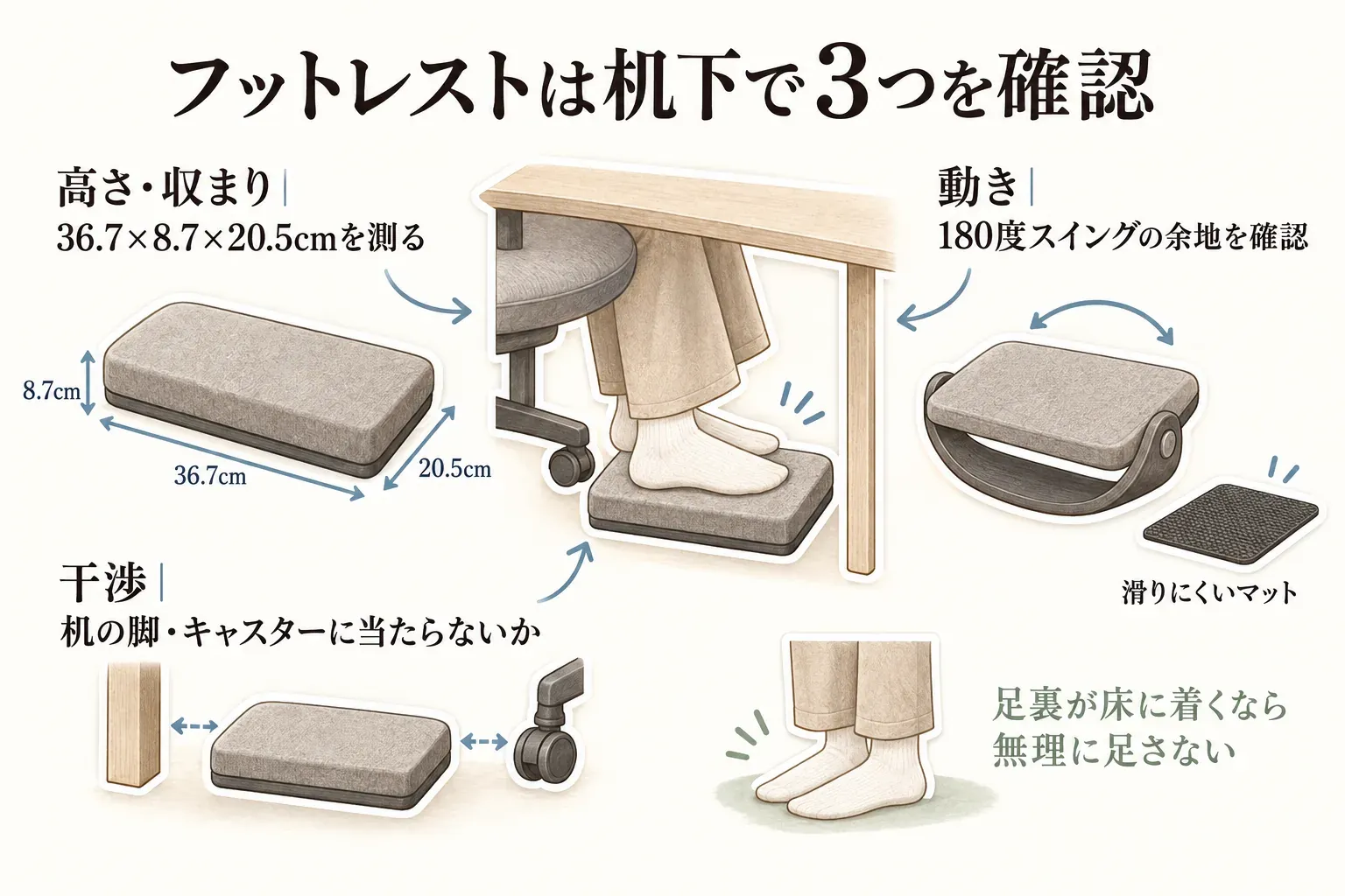 フットレストを机の下に置く際の確認項目を示す図。36.7×8.7×20.5cmの足置き台の高さと収まり、180度スイングの余地と滑りにくいマット、机の脚や椅子のキャスターへの干渉を確かめ、足裏が床に着くなら無理に足さないことを示す