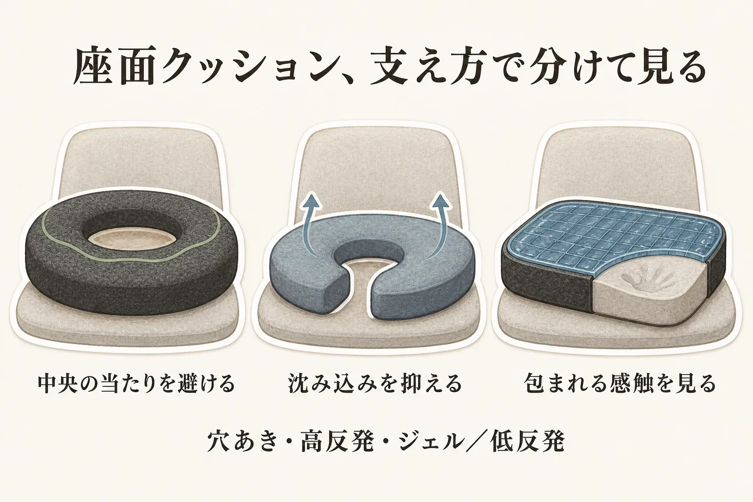 座面クッションを支え方で分ける図。中央の当たりを避ける穴あき円座、沈み込みを抑える高反発の馬蹄形、包まれる感触を確認するジェルと低反発のクッションを椅子の座面に並べて示す