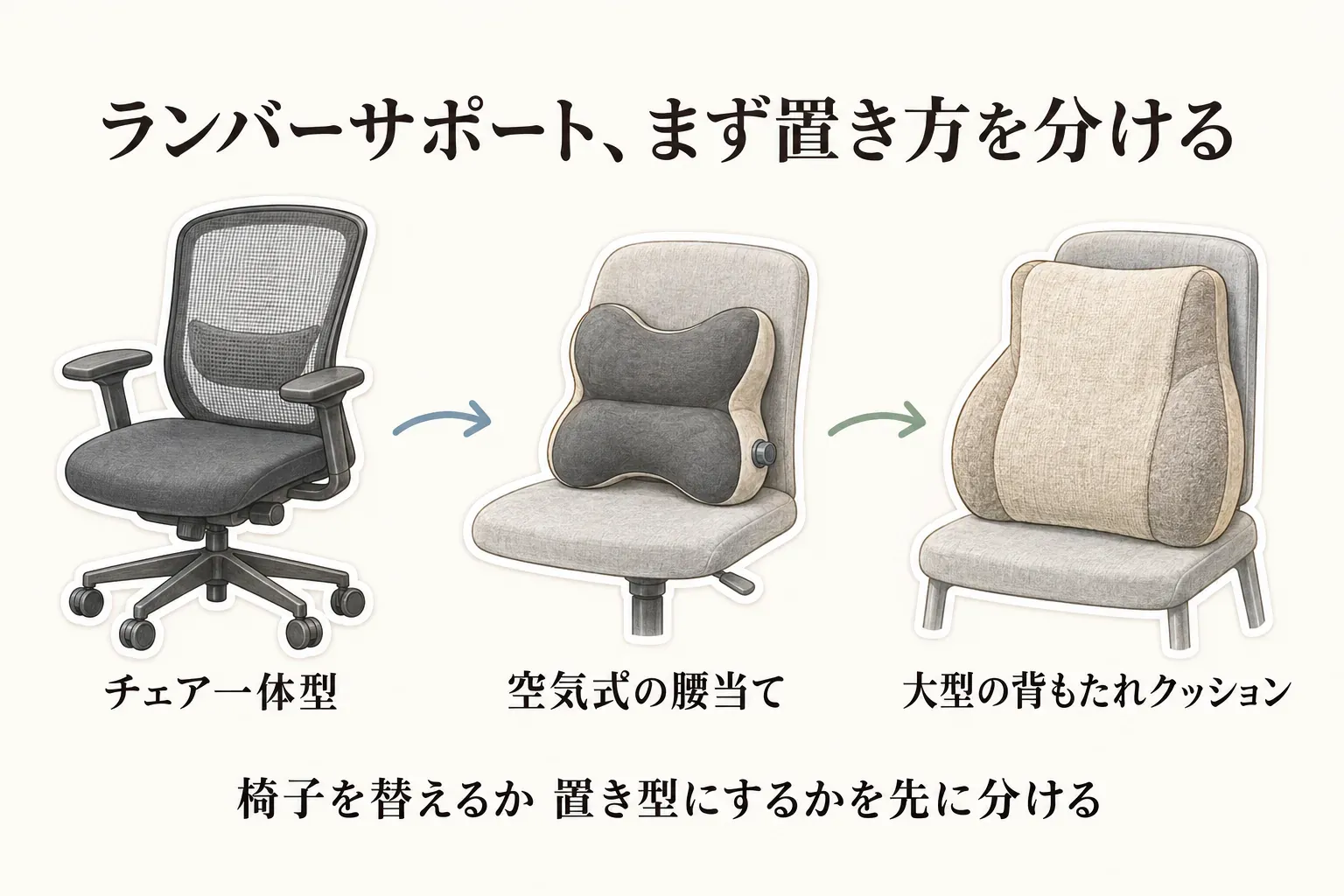 ランバーサポートの置き方を3つに分けた図。チェア一体型、椅子に置く空気式の腰当て、大型の背もたれクッションを並べ、椅子を替えるか置き型にするかを先に分けることを示している
