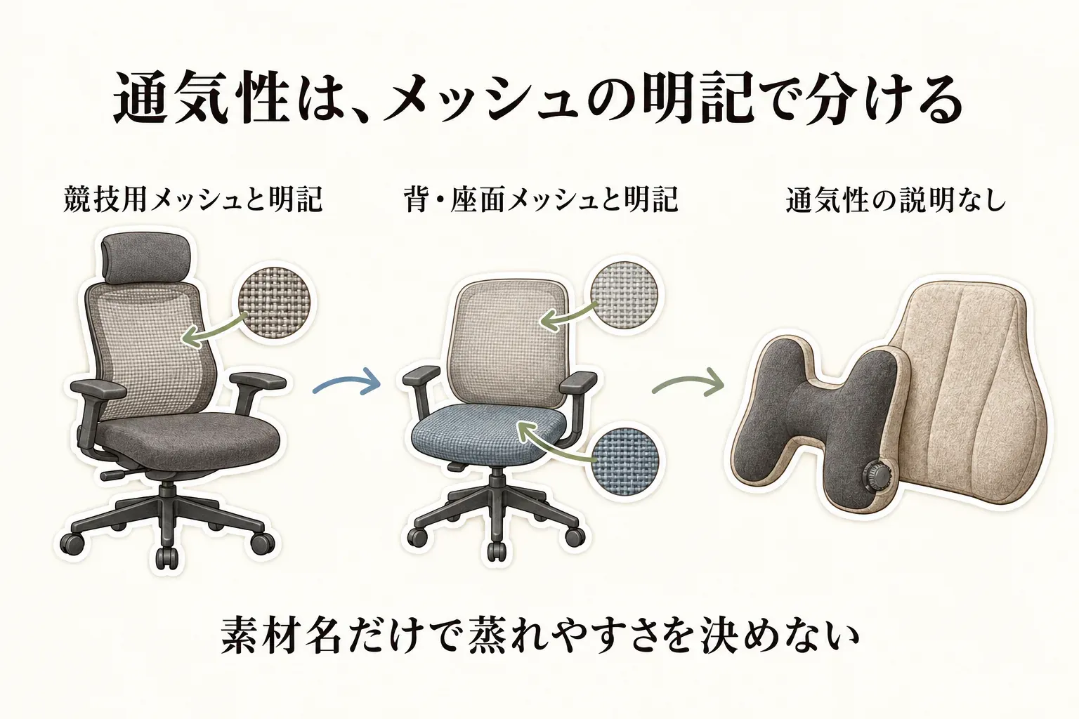 通気性をメッシュ表記で分ける図。競技用メッシュと明記されたチェア、背・座面メッシュと明記されたチェア、通気性の説明がない空気式腰当てと大型背もたれクッションを並べ、素材名だけで蒸れやすさを決めないことを示している