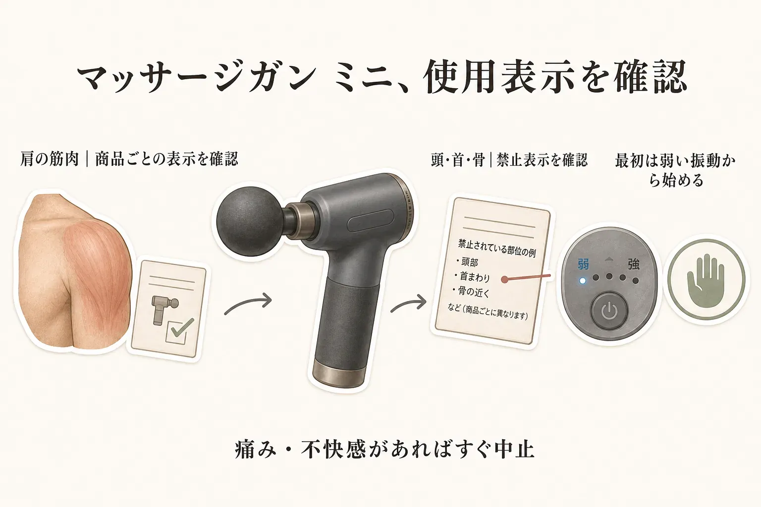 マッサージガン ミニの使用表示を確認する図。肩の筋肉には商品ごとの表示を確認し、頭・首・骨の近くなど禁止された部位を確認すること、最初は弱い振動から始めて痛みや不快感があればすぐ中止することを示す