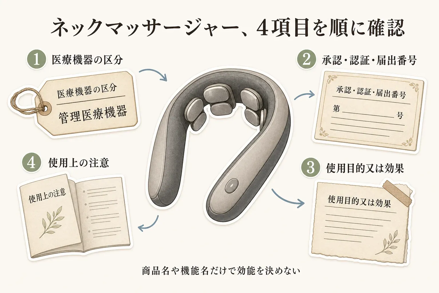 ネックマッサージャーを確認する4つの項目を示す図。医療機器の区分、承認・認証・届出番号、使用目的又は効果、使用上の注意を順に確認し、商品名や機能名だけで効能を決めないことを示す