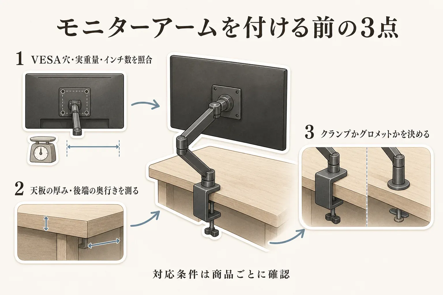 モニターアームを付ける前の3点を示す図。モニターのVESA穴・実重量・インチ数、天板の厚みと後端の奥行き、クランプ式かグロメット式かを商品ごとの対応条件と照合することを示す