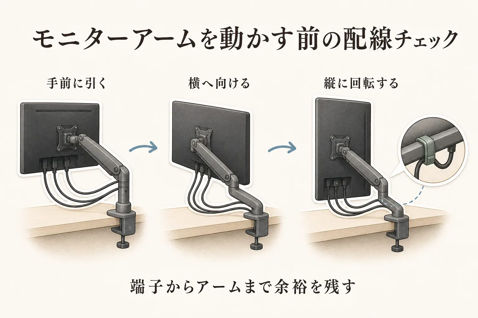 モニターアームを手前に引く、横へ向ける、縦に回転させる3つの動きと、電源・映像ケーブルを端子からアームまで余裕を持たせて取り回す様子を示す図