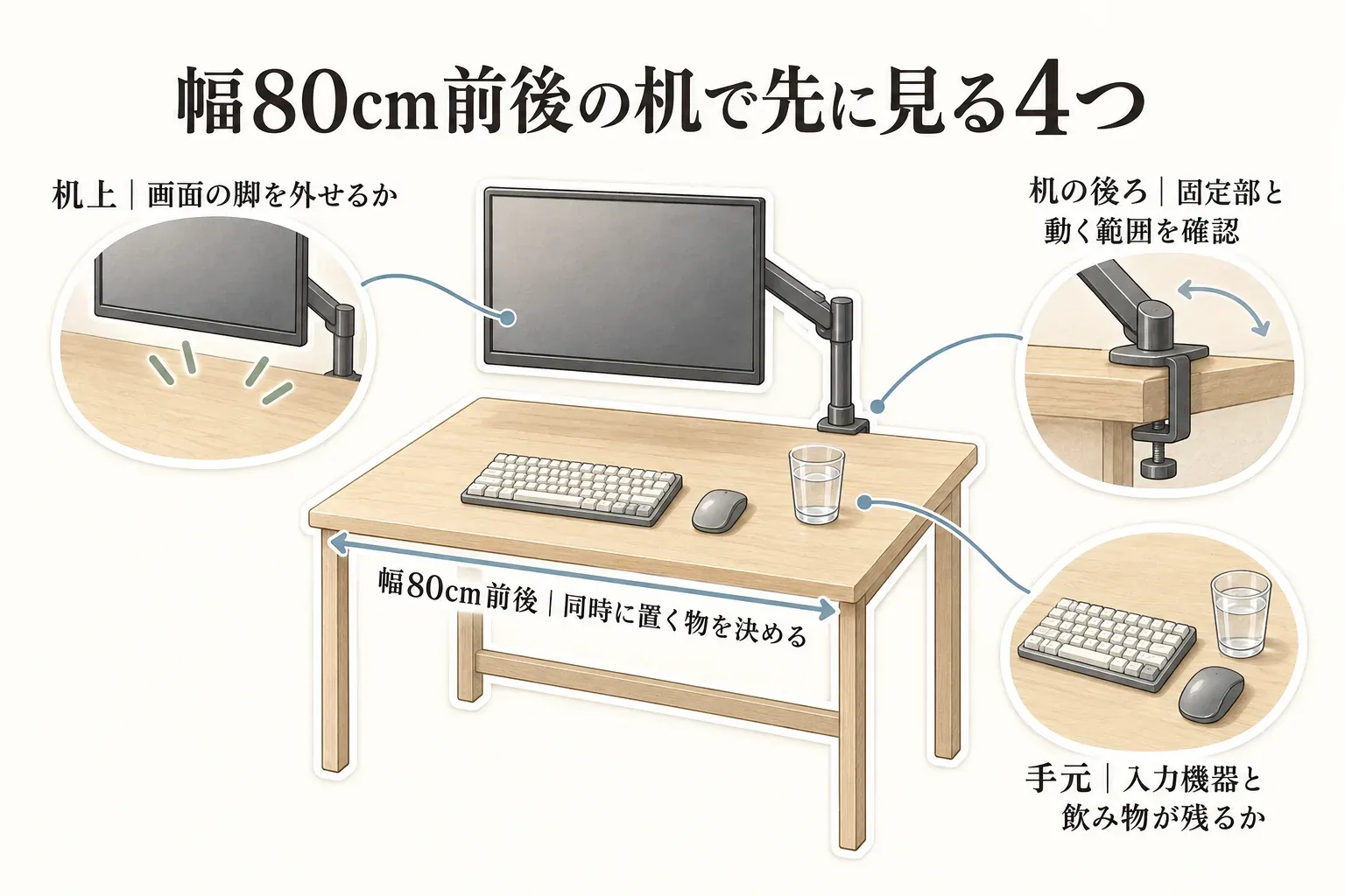 幅80cm前後の机で先に見る4点を示す図。机上ではモニターの脚を外せるか、机の後ろではモニターアームの固定部と動く範囲を、手元ではキーボード・マウス・飲み物を同時に置けるかを確認する様子