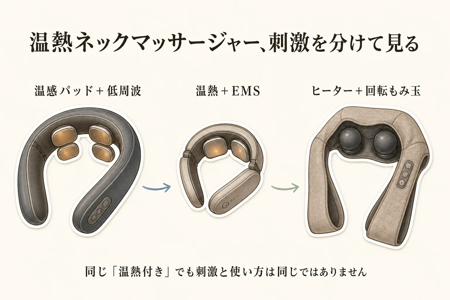 温熱ネックマッサージャーの刺激の種類を比較する図。温感パッドと低周波、温熱とEMS、ヒーターと回転するもみ玉の3種類を並べ、同じ温熱付きでも刺激と使い方が異なることを示す