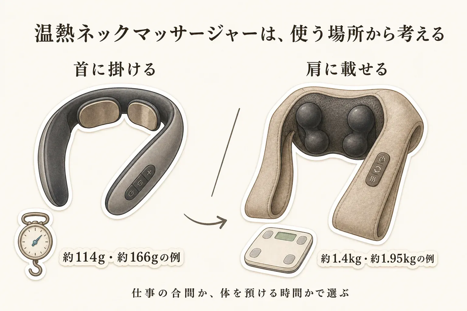 温熱ネックマッサージャーの使う場所による違いを示す図。首に掛けるタイプは約114g・約166gの例で仕事の合間に使う場面、肩に載せるもみ玉タイプは約1.4kg・約1.95kgの例で体を預けて使う場面として比較する