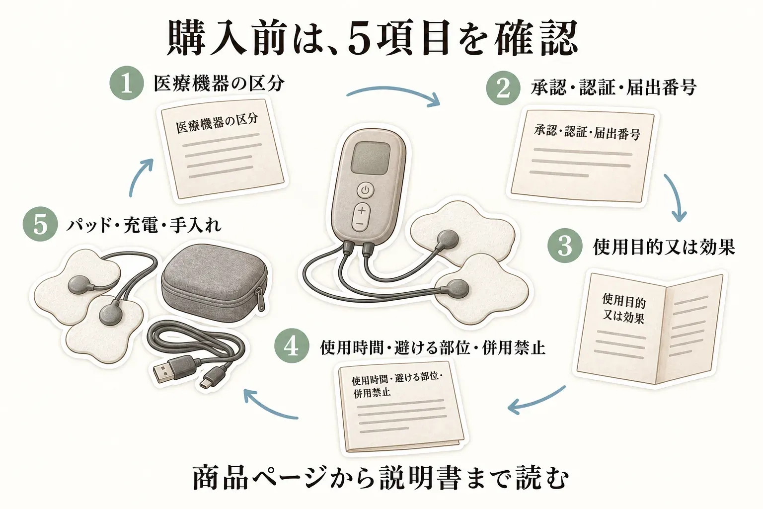 購入前に商品ページから説明書まで確認する5項目を示す図。医療機器の区分、承認・認証・届出番号、使用目的又は効果、使用時間・避ける部位・併用禁止、パッド・充電・手入れを順に確認する