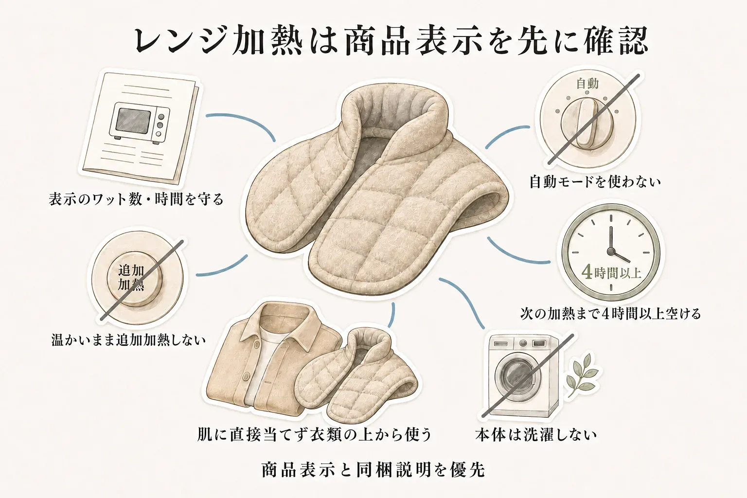 首肩用ホットパックの電子レンジ加熱と手入れの確認事項を示す図。表示されたワット数と時間を守る、自動モードと温かいままの追加加熱を使わない、次の加熱まで4時間以上空ける、肌に直接当てず衣類の上から使う、本体を洗濯しないことを案内している。あずきのチカラ首肩用の公式製品情報をもとにした内容