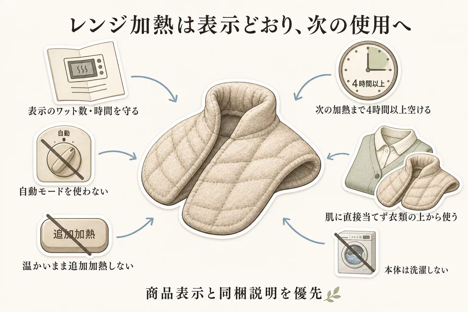 首肩用ホットパックを電子レンジで使う際の確認事項を示す図。表示のワット数・時間を守る、自動モードを使わない、温かいまま追加加熱しない、次の加熱まで4時間以上空ける、肌に直接当てず衣類の上から使う、本体は洗濯しないことを示し、商品表示と同梱説明を優先するよう案内している