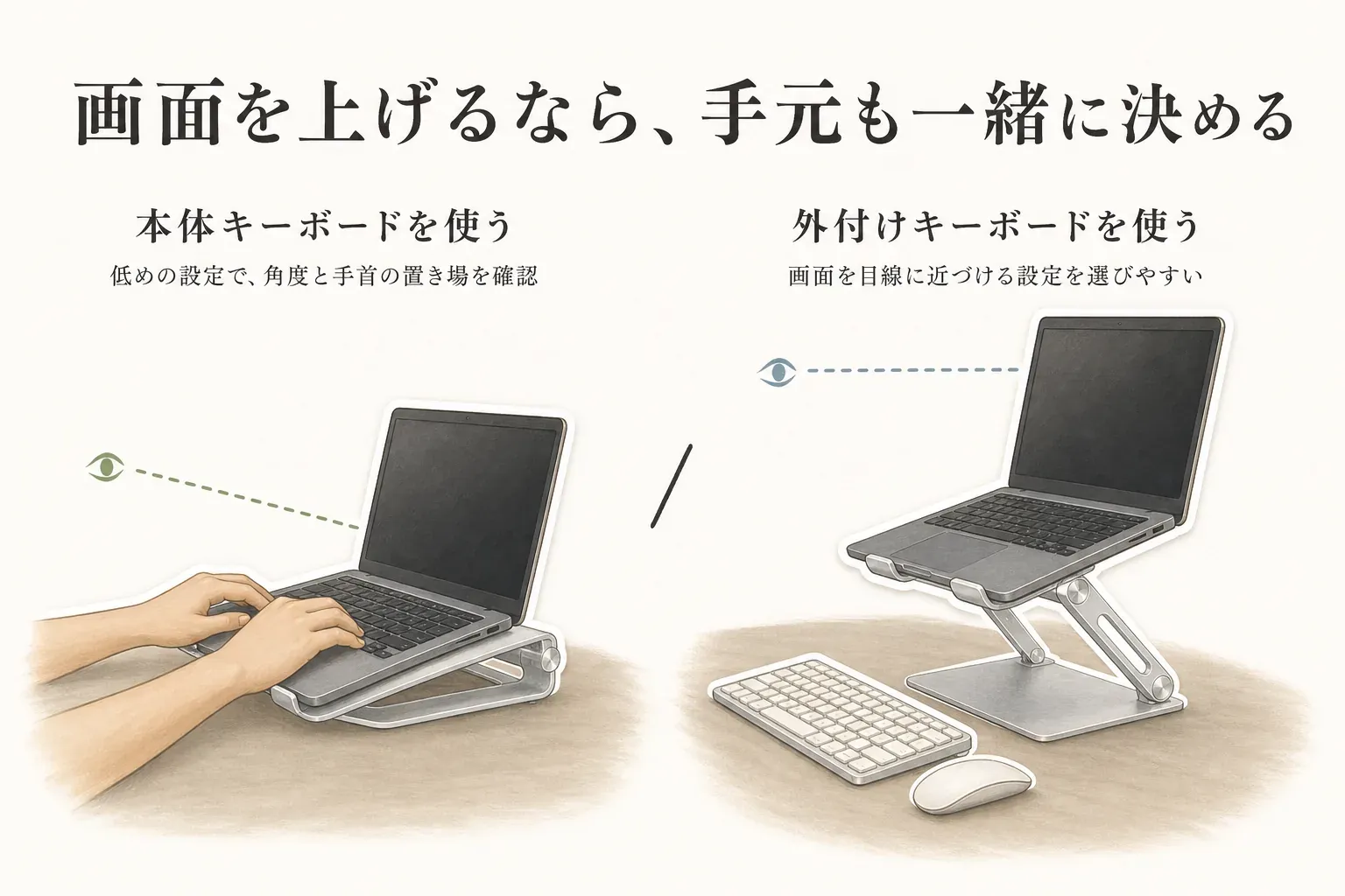 ノートPCスタンド使用時の2つの入力方法。本体キーボードを使う場合は低めの設定で角度と手首の置き場を確認し、外付けキーボードを使う場合は画面を目線に近づける設定を選びやすいことを示す図