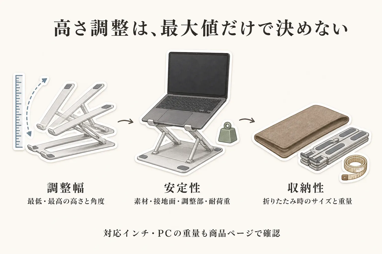 ノートPCスタンドの高さ調整は最大値だけで決めず、最低・最高の高さと角度からなる調整幅、素材・接地面・調整部・耐荷重からなる安定性、折りたたみ時のサイズと重量からなる収納性を確認し、対応インチとPCの重量も商品ページで確認することを示す図