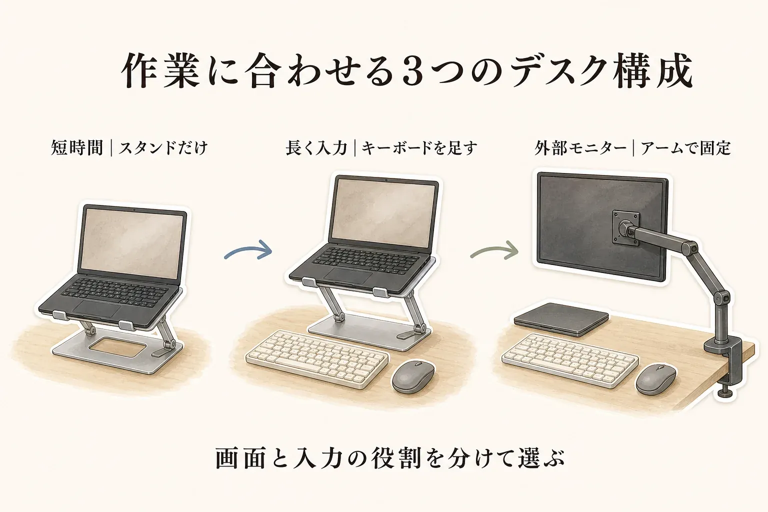 ノートPC作業の3つの構成を示す図。短時間の確認や持ち運びではノートPCスタンドと本体キーボード、長い入力ではノートPCスタンドと外付けキーボード・マウス、外部モニターを主画面にする場合はモニターアームと外付けキーボード・マウスを使い、画面と入力の役割を分ける