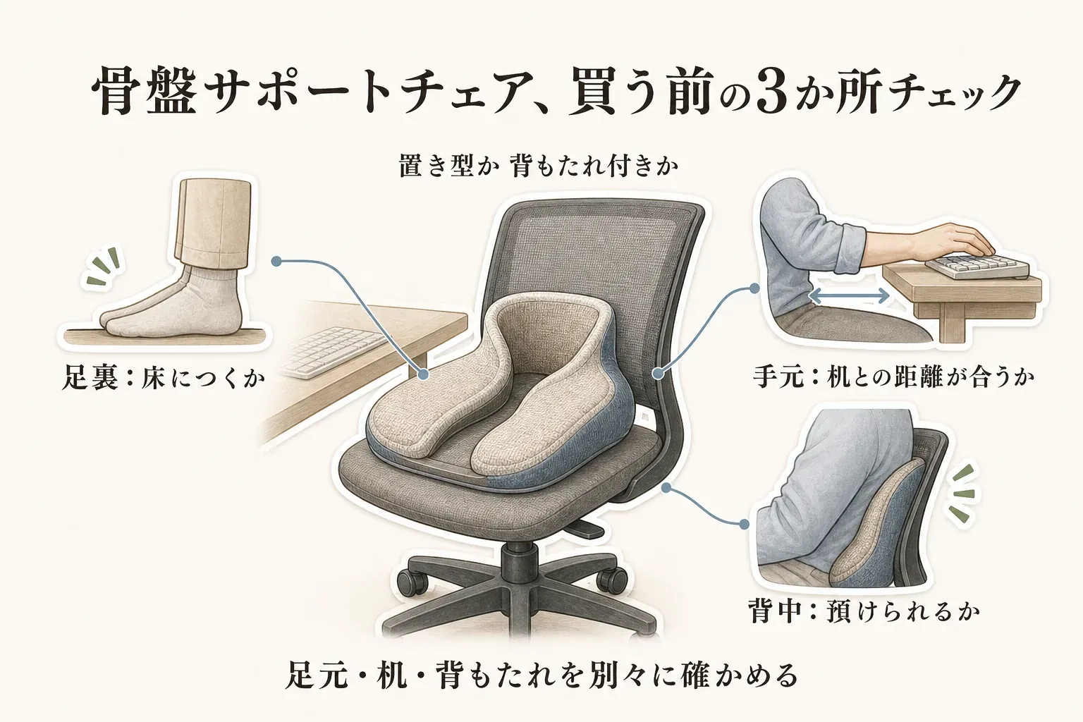 骨盤サポートチェアを買う前の3か所チェックを示す図。置き型か背もたれ付きかを選んだうえで、足裏が床につくか、手元と机の距離が合うか、背中を背もたれに預けられるかを椅子と机のイラストで確認する