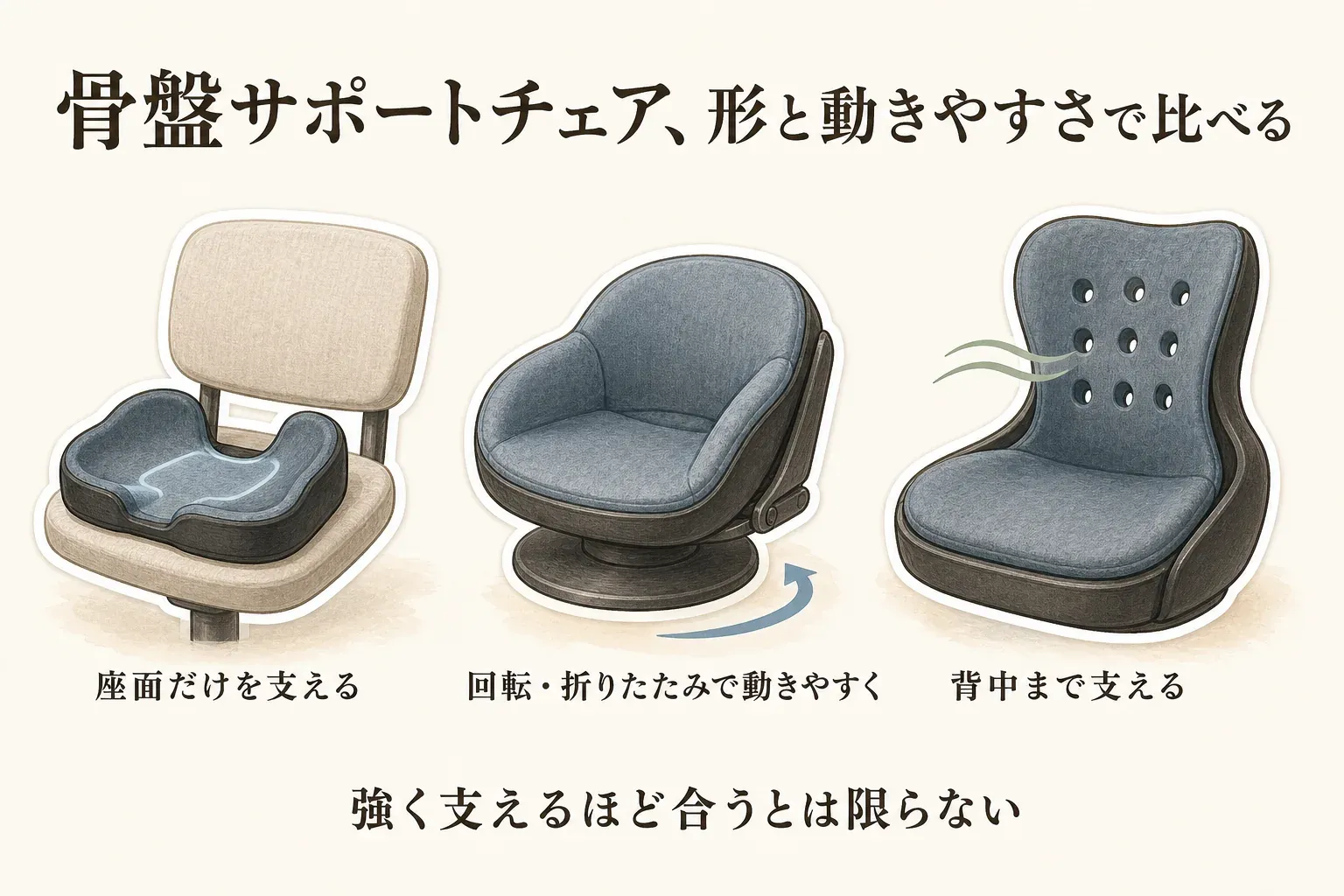 骨盤サポートチェアを形と動きやすさで比べる図。座面だけを支えるクッション型、回転・折りたたみで動きやすいチェア型、通気穴のある背中まで支えるチェア型を並べ、強く支えるほど合うとは限らないことを示す