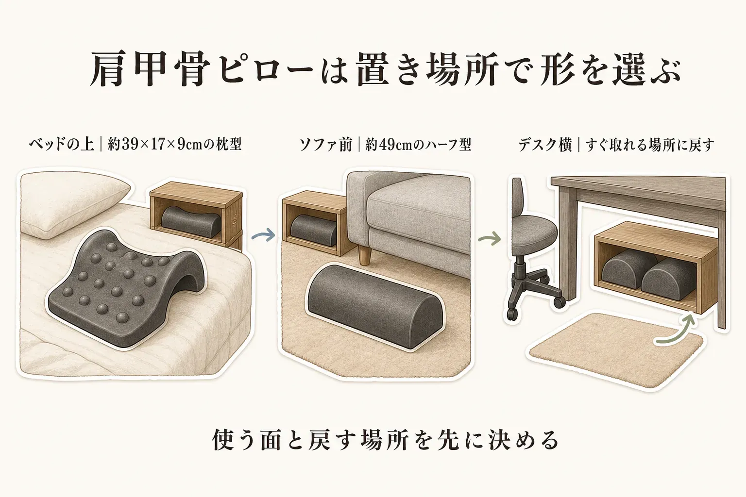 肩甲骨ピローとストレッチポール ハーフを使う場所と形で分けた図。ベッドの上では首肩を支える枕型、ソファの前では床に置く半円型、デスク横では棚や椅子の下に収めやすい短いハーフ型を示し、使い終わった後の収納場所も先に決めるよう案内している