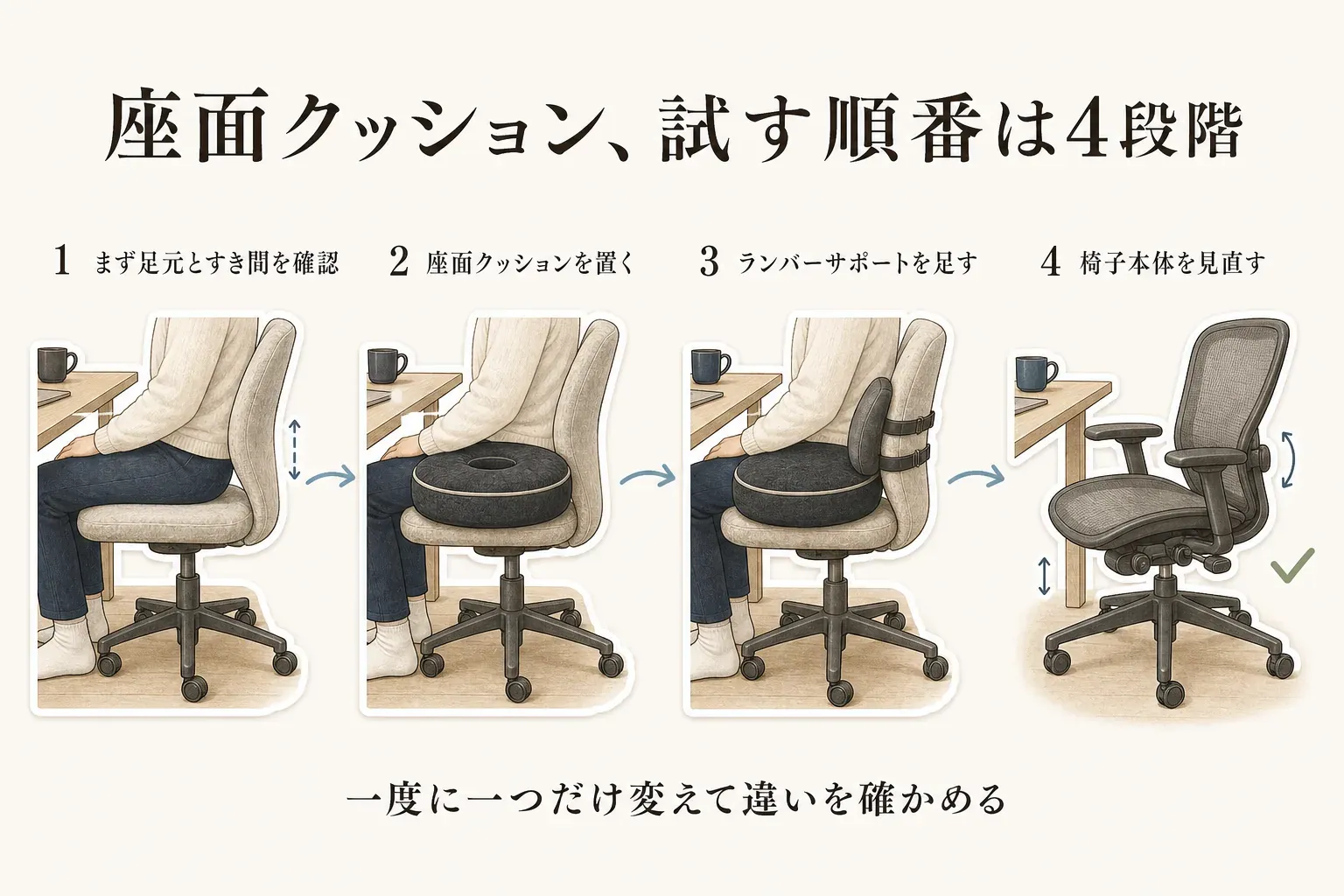 座面クッションを試す4段階を示す図。足元と机とのすき間を確認し、座面クッションを置き、次にランバーサポートを足し、最後に椅子本体を見直す流れで、一度に一つだけ変えて違いを確かめることを示す