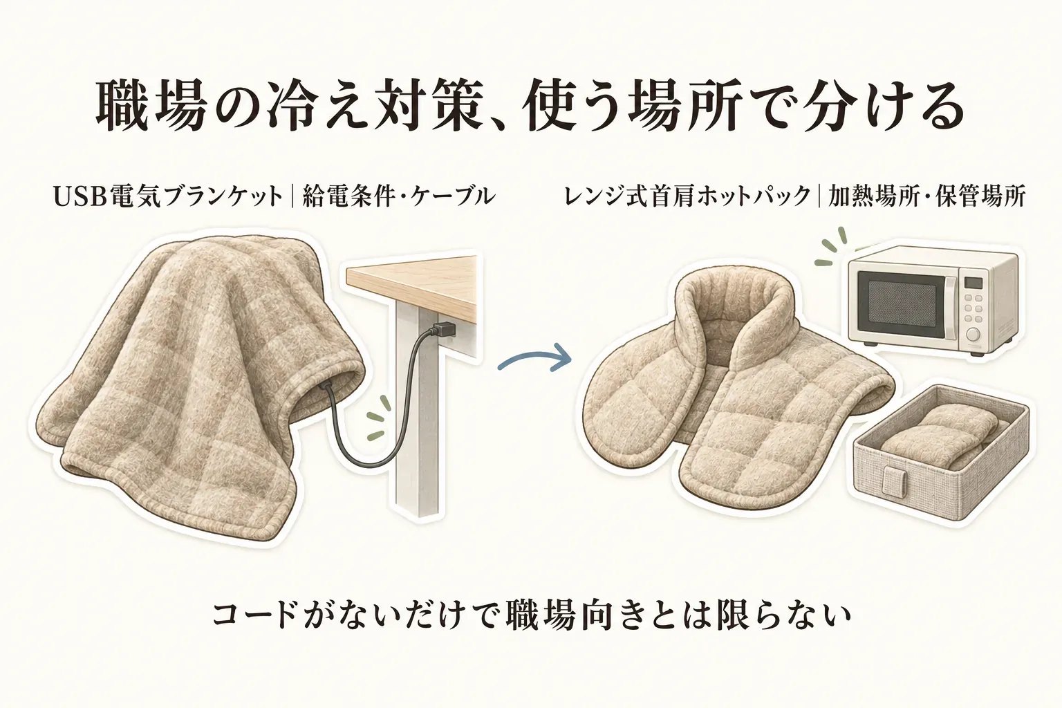職場の冷え対策を使う場所で分けた図。USB電気ブランケットは給電条件と机まわりのケーブルを確認し、レンジ式首肩ホットパックは電子レンジでの加熱場所と使用後の保管場所を確認すること、コードがないだけでは職場向きとは限らないことを示している