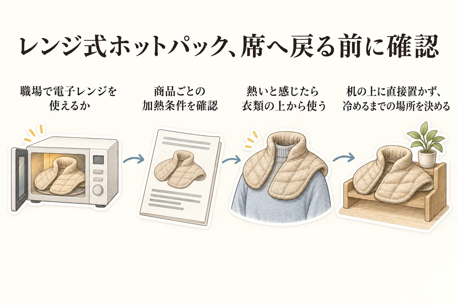 レンジ式ホットパックを職場で使って席へ戻る前の確認図。職場で電子レンジを使えるか、商品ごとの加熱条件、熱いと感じたら衣類の上から使うこと、机の上へ直接置かず冷めるまでの場所を決めることを示している