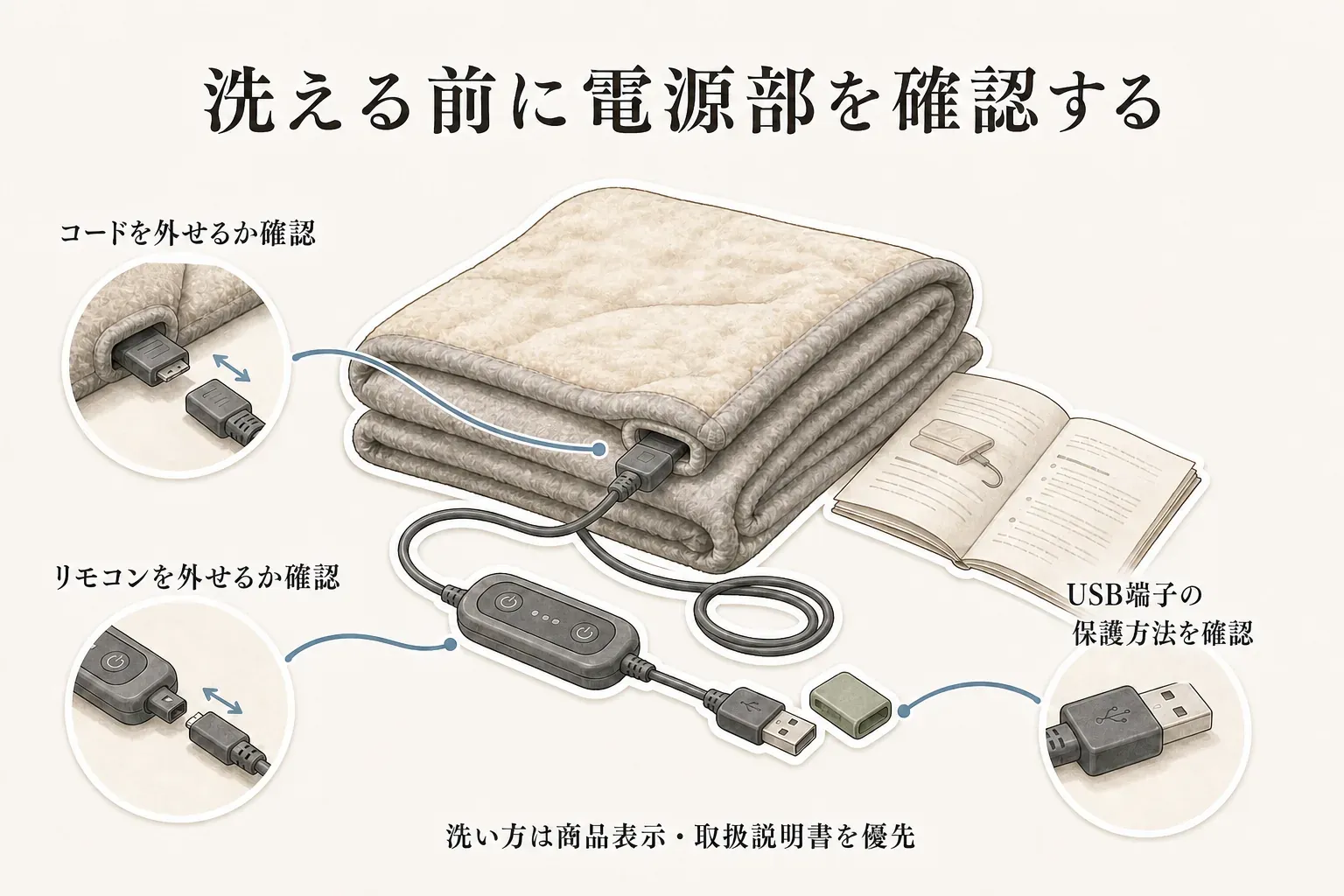 電気肩パッド・USB電気ブランケットを洗う前の確認を示す図。電源コード、リモコン、USB端子、モバイルバッテリーを外し、商品説明どおりに端子を保護すること、洗濯ネット・中性洗剤・手洗いまたは洗濯機可否・乾燥機不可などの条件を確認することを描く