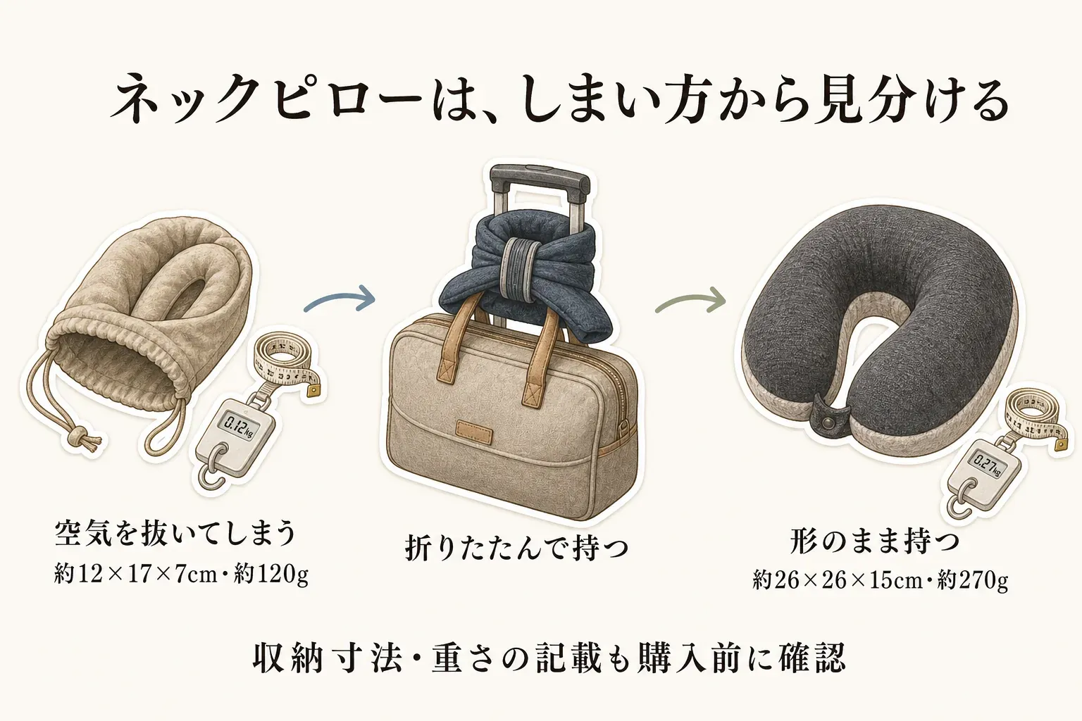 ネックピローをしまい方で分ける図。空気を抜いて収納するタイプは約12×17×7cm・約120g、折りたたんで持つタイプ、形のまま持つタイプは約26×26×15cm・約270gとして示し、購入前に収納寸法と重さを確認するよう案内している