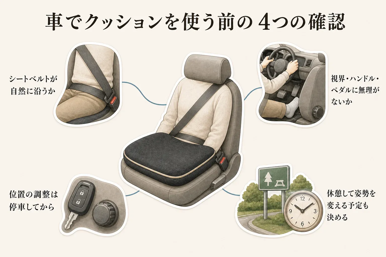 車でクッションを使う前の4つの確認を示す図。シートベルトが自然に沿うか、視界・ハンドル・ペダルに無理がないか、位置の調整は停車してから行うこと、休憩して姿勢を変える予定を決めることを案内している